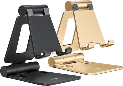 2 Pack Aluminum Dual Folding Cell Phone Stand for Desk, Black&Silver