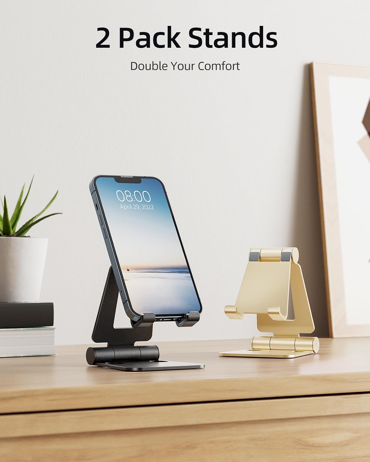 2 Pack Aluminum Dual Folding Cell Phone Stand for Desk, Black&Silver