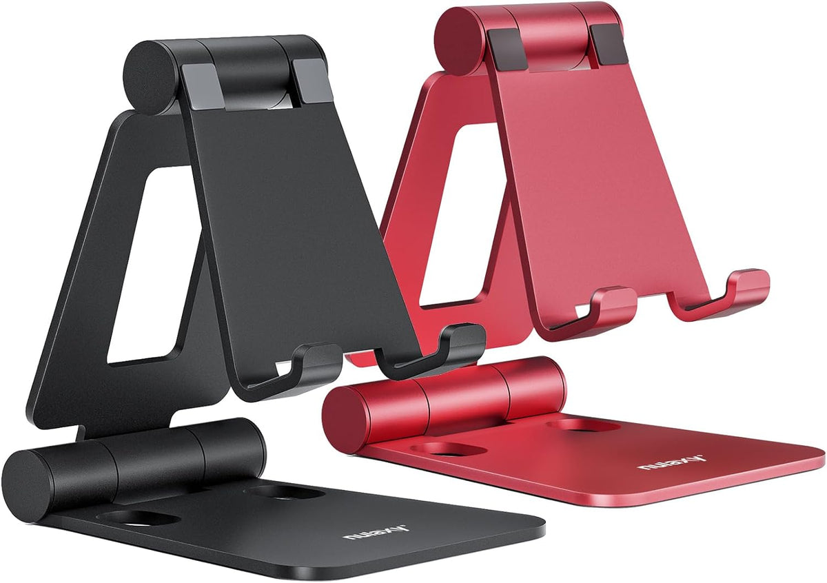 2 Pack Aluminum Dual Folding Cell Phone Stand for Desk, Black&Silver