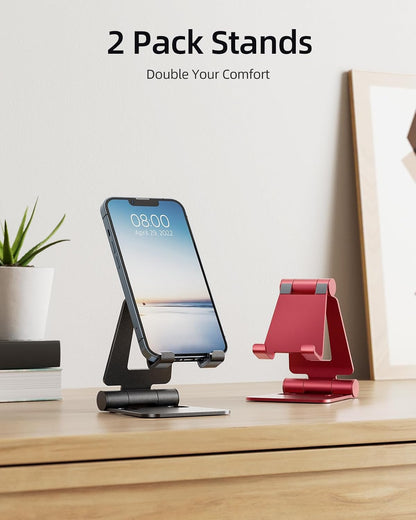 2 Pack Aluminum Dual Folding Cell Phone Stand for Desk, Black&Silver