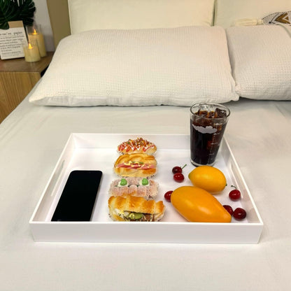 KEVLANG Glossy White Sturdy Acrylic Serving Tray with Handles-12x20 Inch-Serving Coffee Appetizer Breakfast-Kitchen Countertop Makeup Drawer Organizer-Vanity Table Ottoman Decorative Tray