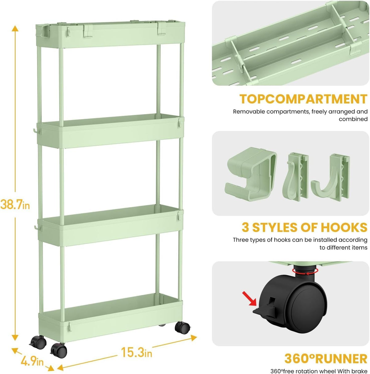 SPACELEAD Slim Storage Cart 4 Tier,Bathroom Organizer Rolling Utility, Mobile Shelving Unit Slide Out for Office, Kitchen, Laundry Room & Narrow Places,White