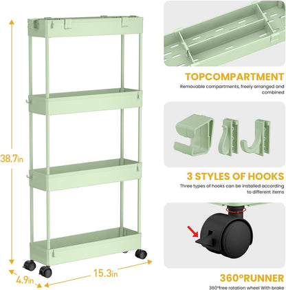 SPACELEAD Slim Storage Cart 4 Tier,Bathroom Organizer Rolling Utility, Mobile Shelving Unit Slide Out for Office, Kitchen, Laundry Room & Narrow Places,White