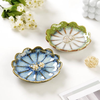 Ring Dish, Kiln Glaze Jewelry Trinket Tray, Gifts for Women I Lotus Leaf Necklace Earrings Holder on Nightstand Bathroom, Ceramic Cute Key Bowl, White. All Jewelries Are NOT Included.