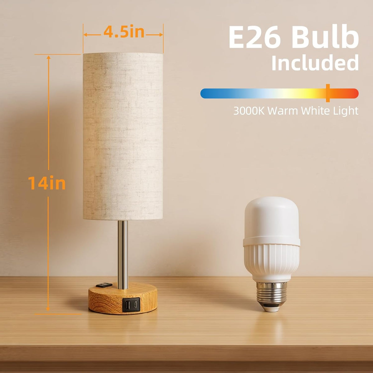 Table Lamp for Nightstand, High-Sensitivity Touch, 3-Level Dimmable Bedside Lamp with AC Outlet | USB | and USB-C, Ideal Night Stand Lamp for Bedroom, Reading, Living Room(Warm&Wooden)