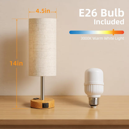 Table Lamp for Nightstand, High-Sensitivity Touch, 3-Level Dimmable Bedside Lamp with AC Outlet | USB | and USB-C, Ideal Night Stand Lamp for Bedroom, Reading, Living Room(Warm&Wooden)