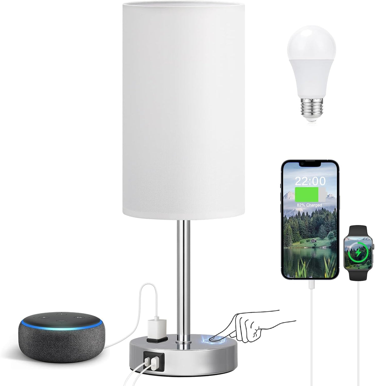 Fenmzee Bedside Table Lamp for Bedroom - Dimmable Touch, USB A+C, AC Outlet