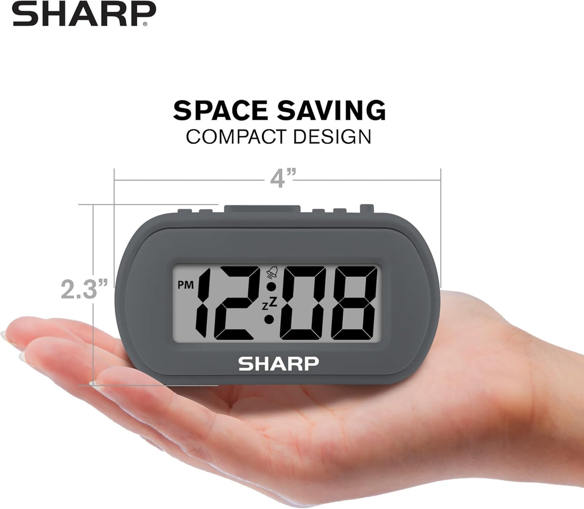 Sharp Digital Alarm Clock – Tactile Plastic Case with Soft Rubberized Finish - Battery Operated – Blue Backlight on Demand – Ascending Alarm – Easy to Use – Charcoal Black