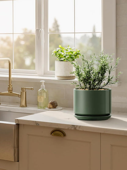 LE TAUCI Ceramic Pots for Plants, 6.8 Inch Plant Pots with Drainage Hole & Saucer, Modern Planter for Indoor Plants, Stable & Durable, Perfect for Living Room or Office Decor, White