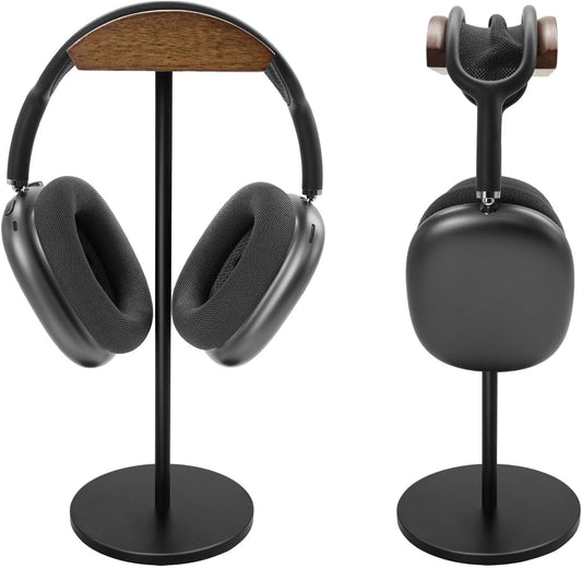 GEVO Headphone Stand for Desk, Walnut Wood & Aluminum Headset Stand, Universal Walnut Gaming Headset Holder with Solid Heavy Base for AirPod Max, Bose, Sony All Headphone Sizes (Circular Base)