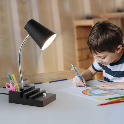 LALISU Study Desk Lamp with USB Charging and Type-C Night Light, Gooseneck LED Table Lamp Stepless Dimming Study Table Lamp with Pen Holder for College Dorm Bedroom and Office (Black)