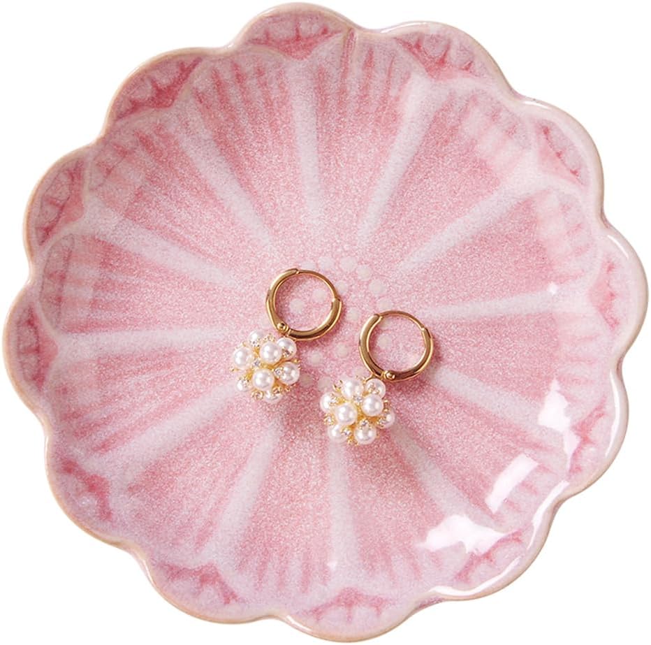 Ring Dish, Kiln Glaze Jewelry Trinket Tray, Gifts for Women I Lotus Leaf Necklace Earrings Holder on Nightstand Bathroom, Ceramic Cute Key Bowl, White. All Jewelries Are NOT Included.