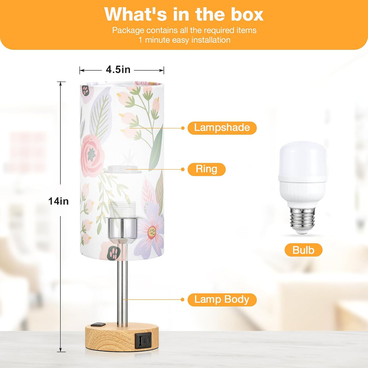 Fenmzee Bedside Table Lamp for Bedroom - Dimmable Touch, USB A+C, AC Outlet