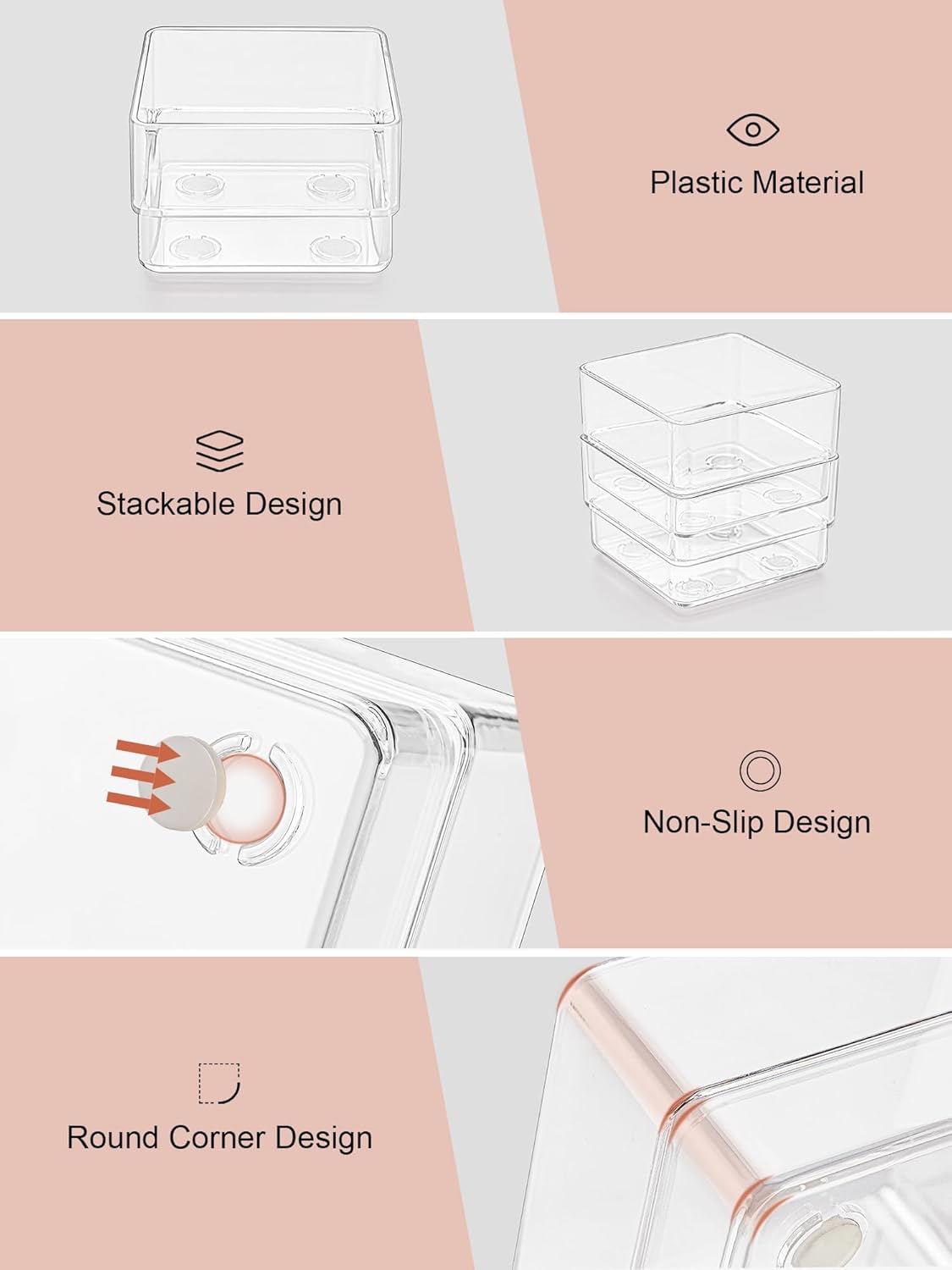 SMARTAKE Drawer Organizer with Non-Slip Silicone Pads, 5-Size Desk Drawer Organizer Trays Storage Tray for Makeup, Jewelries, Utensils in Bedroom Dresser, Office and Kitchen (Clear)