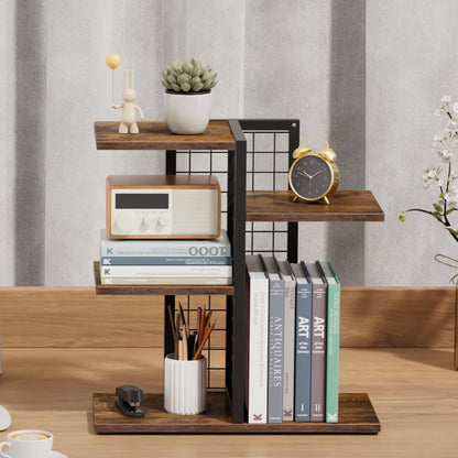 4 Tier Desk Shelf Organizer, Desk Shelf for Top of Desk,Adjustable Tabletop Bookshelf Wood Desktop Shelf for Home Office Dorm, Brown