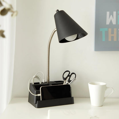 15" Organizer Desk Lamp Black - USB Port & AC Outlet, 4 Compartment Storage Base | Phone/Tablet Holder, Flexible Gooseneck | No Assembly, Matte Finish | Desk/Nightstand | Home Office/Dorm Essential