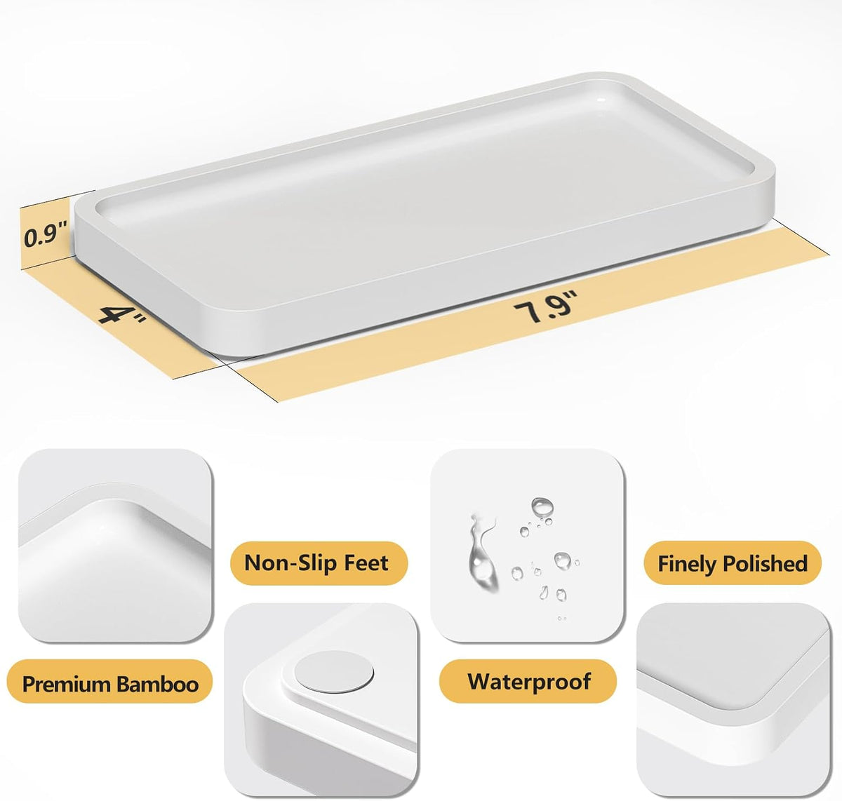 Small Bathroom Vanity Tray for Countertop Makeup Perfume Jewelry Decor Candle Keys, Small Black Kitchen Tray for Soap Dispenser Spice Bamboo Toilet Tray 7.9" L x 4" W x 0.79" H