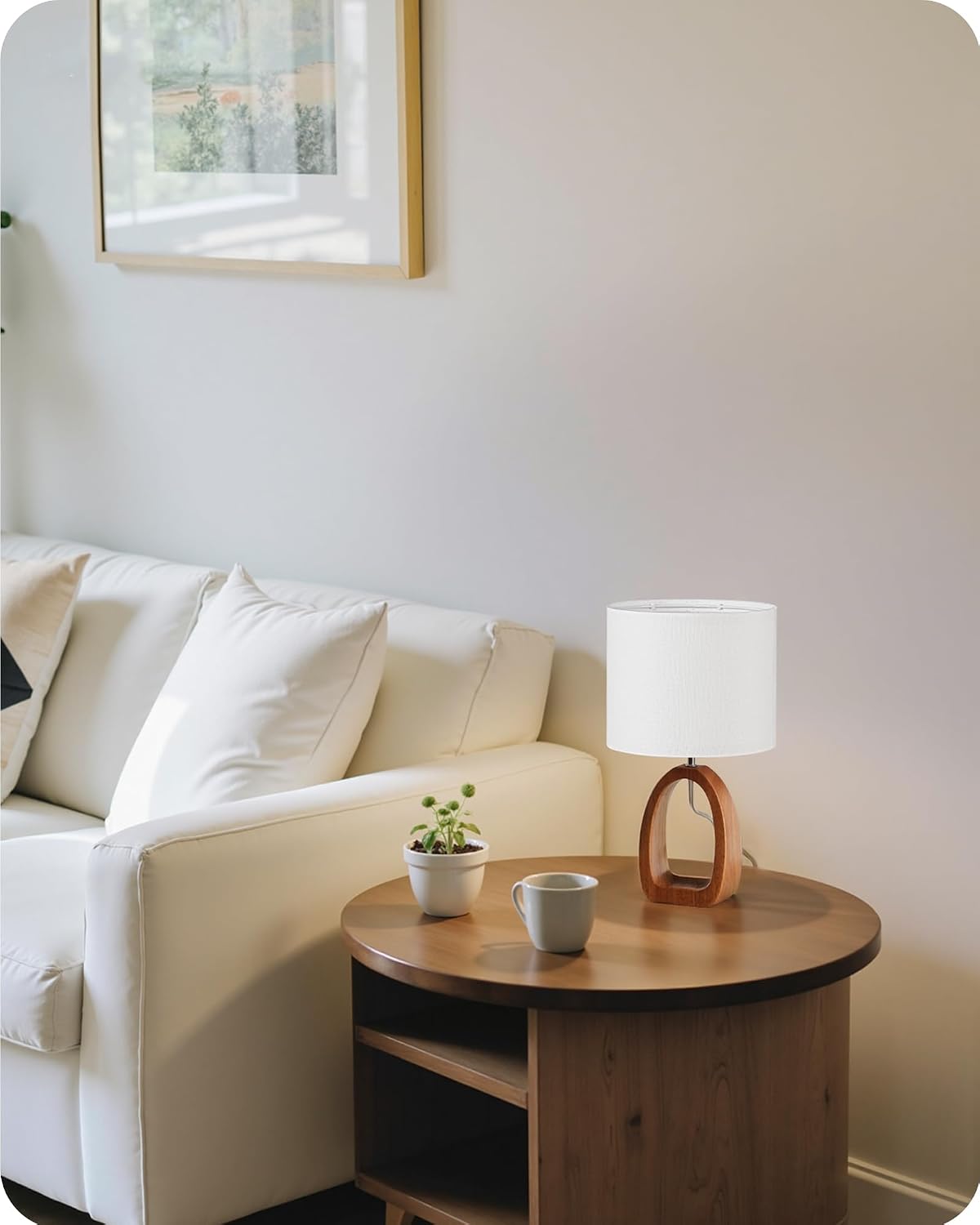Small Table Lamp, 14.2" Cute Little Desk Lamp, Wood Bedside Lamp with Linen Lampshade, Modern Nightstand Lamp for Bedroom, E26 Base, Bulb Not Included, Beige and Dark Natural LE07TL05