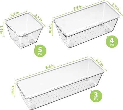Clear Drawer Organizer Set, 3 Sizes Bathroom Vanity Organizer Trays and Storage Bins for Makeup, Cosmetics, Jewelry, and Gadgets. Perfect for Office, Kitchen, Bedroom, Bathroom Use.