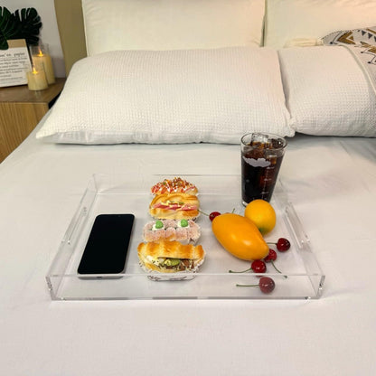 KEVLANG Glossy White Sturdy Acrylic Serving Tray with Handles-12x20 Inch-Serving Coffee Appetizer Breakfast-Kitchen Countertop Makeup Drawer Organizer-Vanity Table Ottoman Decorative Tray