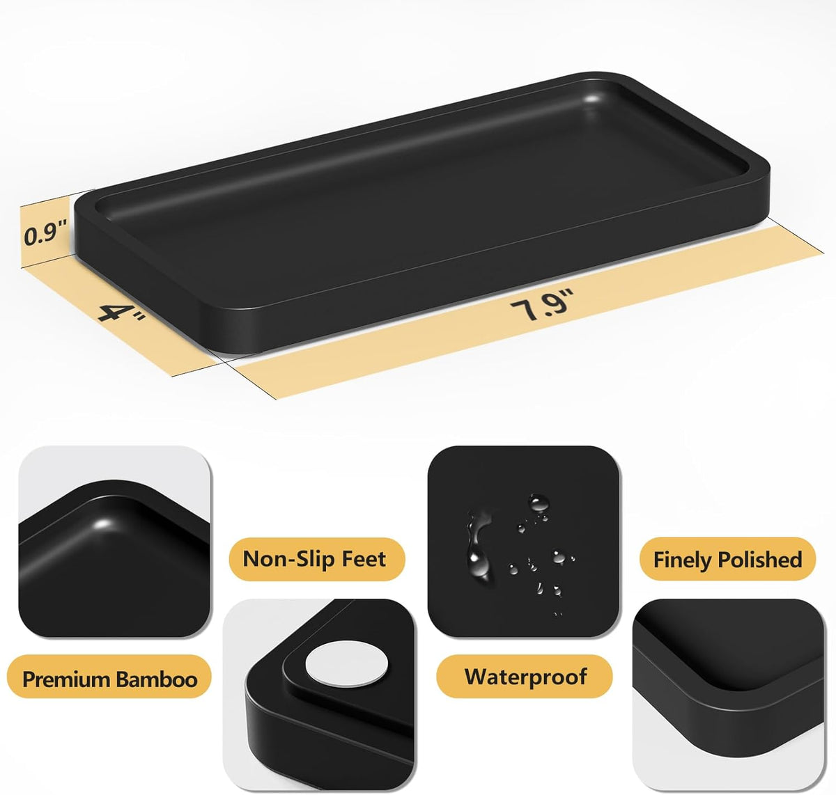 Small Bathroom Vanity Tray for Countertop Makeup Perfume Jewelry Decor Candle Keys, Small Black Kitchen Tray for Soap Dispenser Spice Bamboo Toilet Tray 7.9" L x 4" W x 0.79" H
