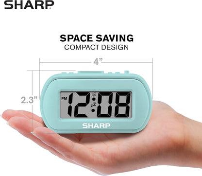 Sharp Digital Alarm Clock – Tactile Plastic Case with Soft Rubberized Finish - Battery Operated – Blue Backlight on Demand – Ascending Alarm – Easy to Use – Charcoal Black