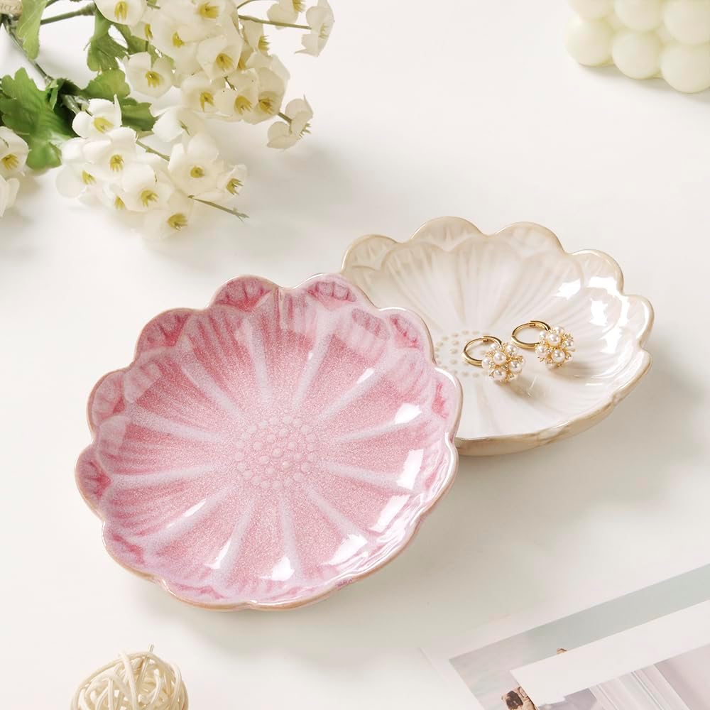 Ring Dish, Kiln Glaze Jewelry Trinket Tray, Gifts for Women I Lotus Leaf Necklace Earrings Holder on Nightstand Bathroom, Ceramic Cute Key Bowl, White. All Jewelries Are NOT Included.