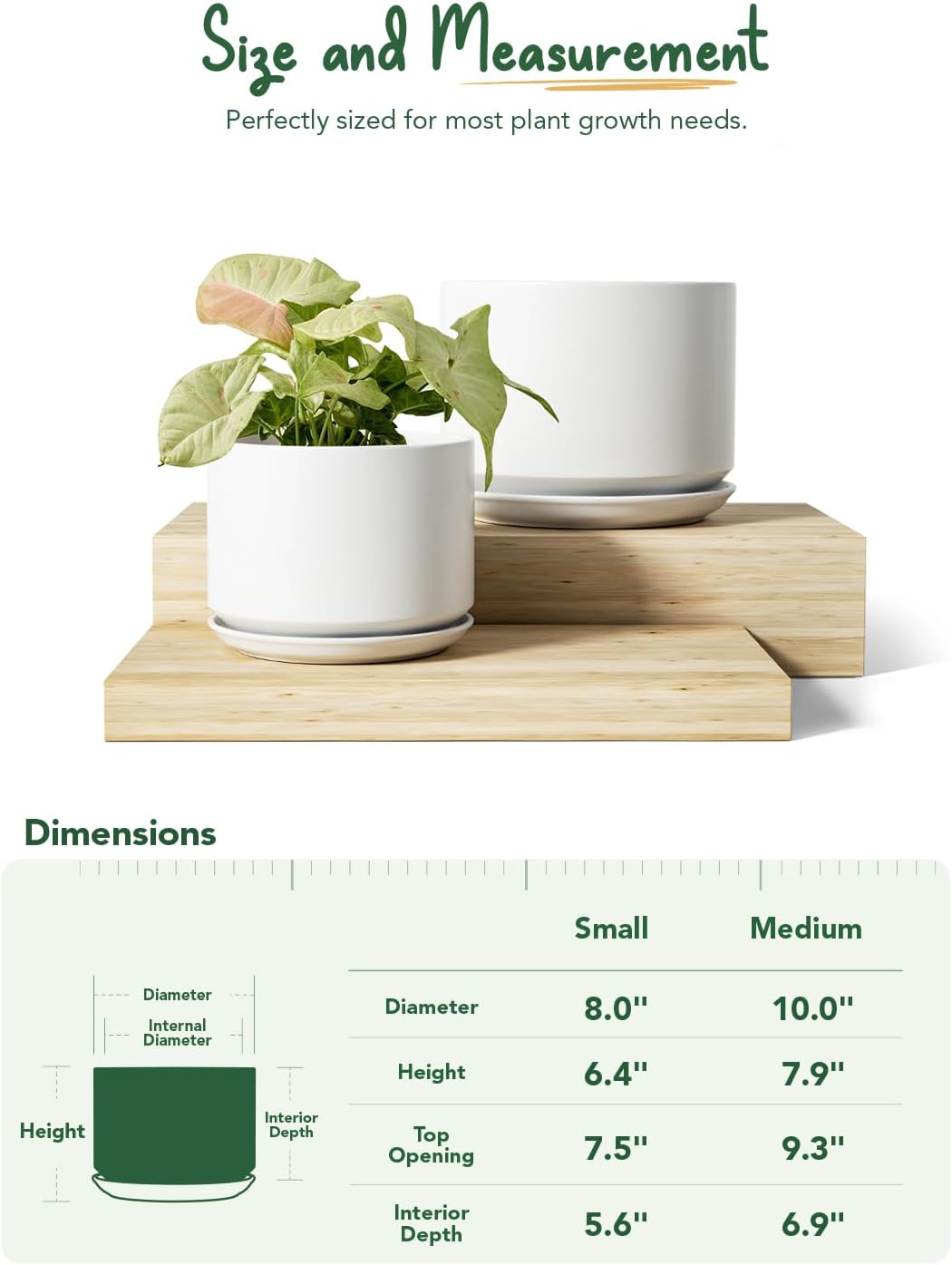 LE TAUCI Ceramic Pots for Plants, 6.8 Inch Plant Pots with Drainage Hole & Saucer, Modern Planter for Indoor Plants, Stable & Durable, Perfect for Living Room or Office Decor, White