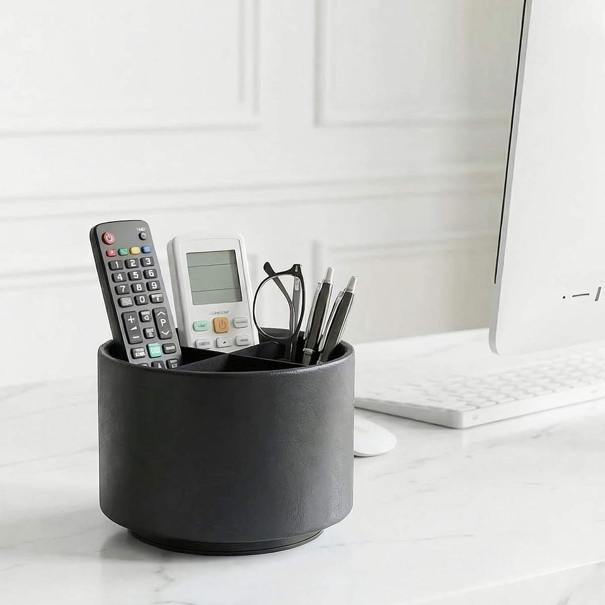 Round Leather Art Supply Organizer,Remote Control Holder,360 Degree Rotating,Multi-Functional Pencil Holder,4 Compartments Desktop Stationary Organizer(1-Blue Bird) - Colors B