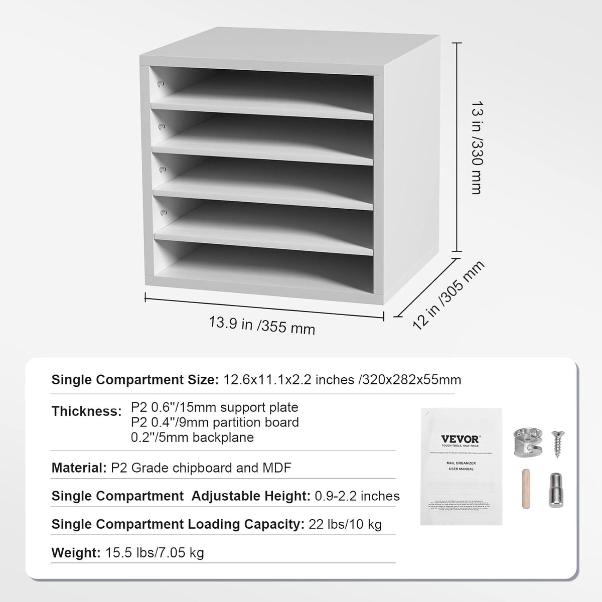 VEVOR Literature Organizers, 12 Compartments Office Mailbox with Adjustable Shelves, Wood Literature Sorter 20.4x12x16.1 inches for Office, Home, Classroom, Mailrooms Organization, EPA Certified White