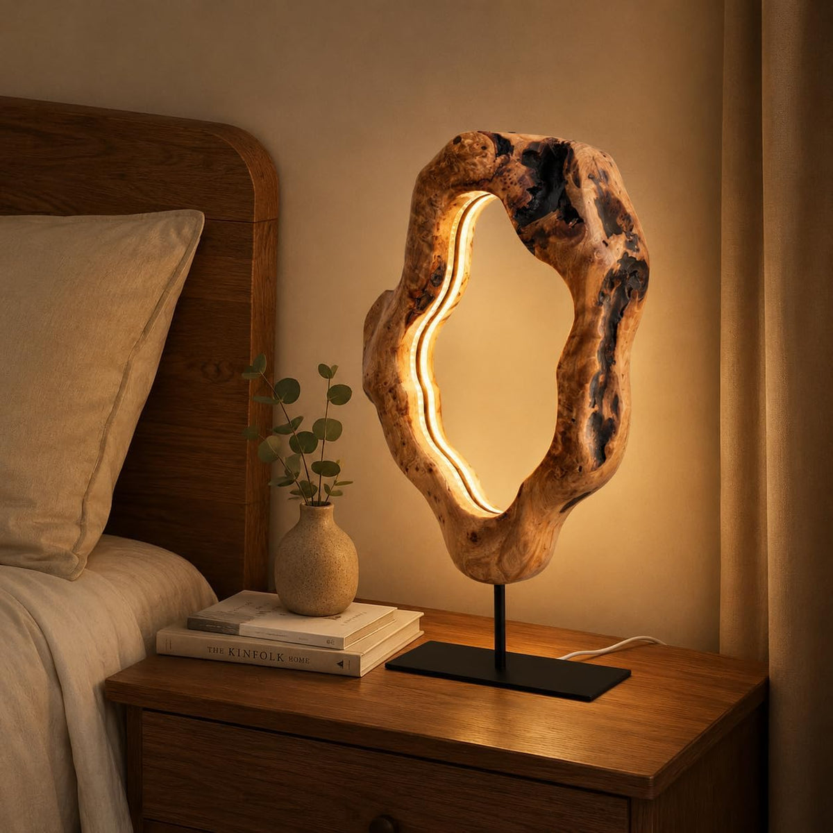 LAPTAIN LED Wood Table Lamp, Irregular Bedside Lamp with Dimmable, Creative Home Decor Table Lamp, Bedside Night Light for Bedroom, Living Room, Large
