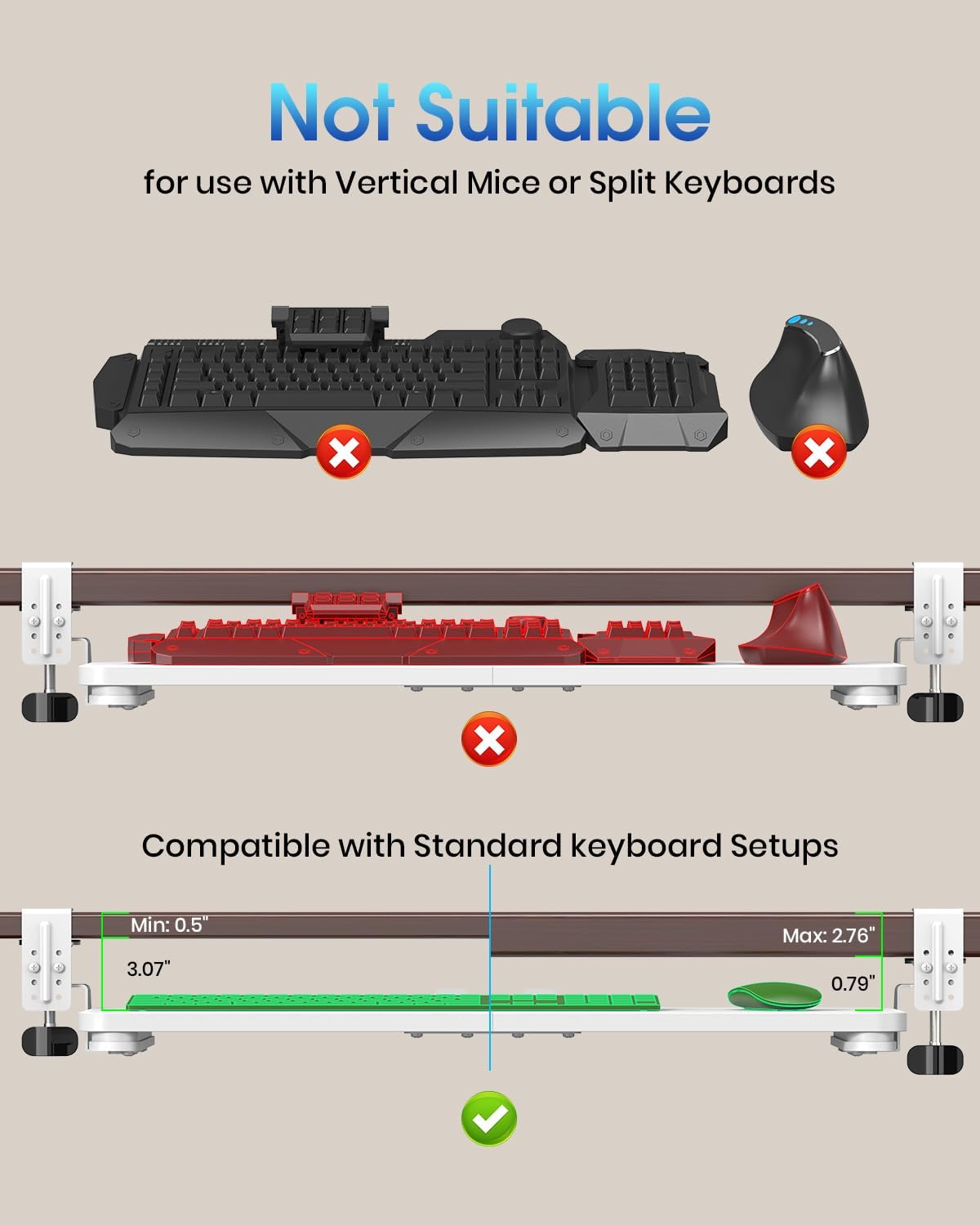 Small Keyboard Tray Under Desk, Pull Out Keyboard & Mouse Tray with Adjustable C-clamp, 20(25.9 Including Clamps) x 11.8 Inch Slide Out Computer Keyboard Drawer Mouse Tray for Typing, Walnut