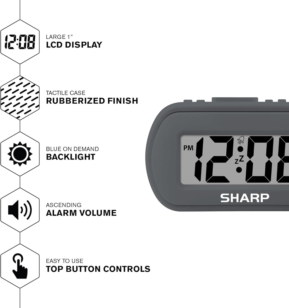 Sharp Digital Alarm Clock – Tactile Plastic Case with Soft Rubberized Finish - Battery Operated – Blue Backlight on Demand – Ascending Alarm – Easy to Use – Charcoal Black