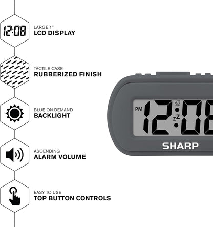Sharp Digital Alarm Clock – Tactile Plastic Case with Soft Rubberized Finish - Battery Operated – Blue Backlight on Demand – Ascending Alarm – Easy to Use – Charcoal Black