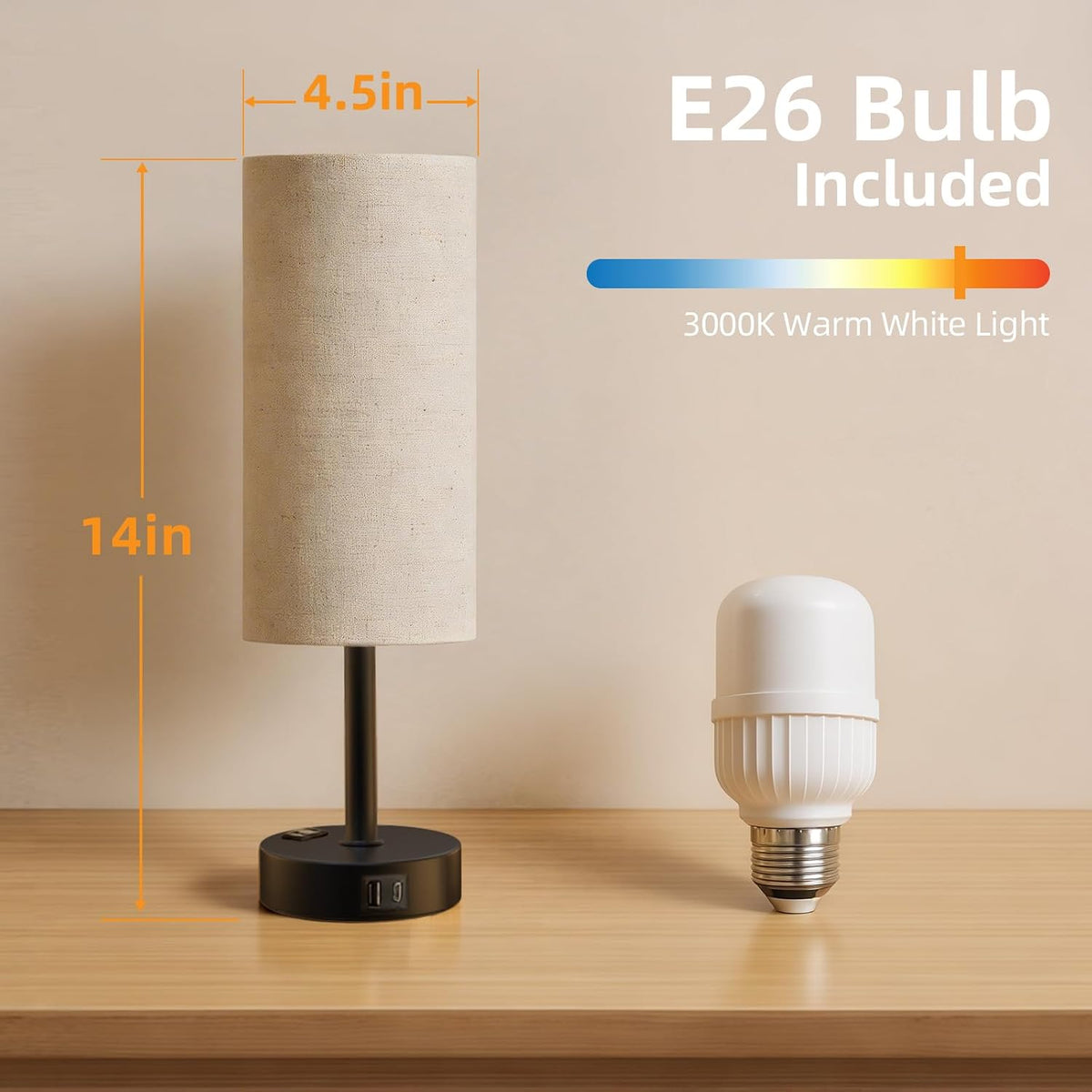 Table Lamp for Nightstand, High-Sensitivity Touch, 3-Level Dimmable Bedside Lamp with AC Outlet | USB | and USB-C, Ideal Night Stand Lamp for Bedroom, Reading, Living Room(Warm&Wooden)
