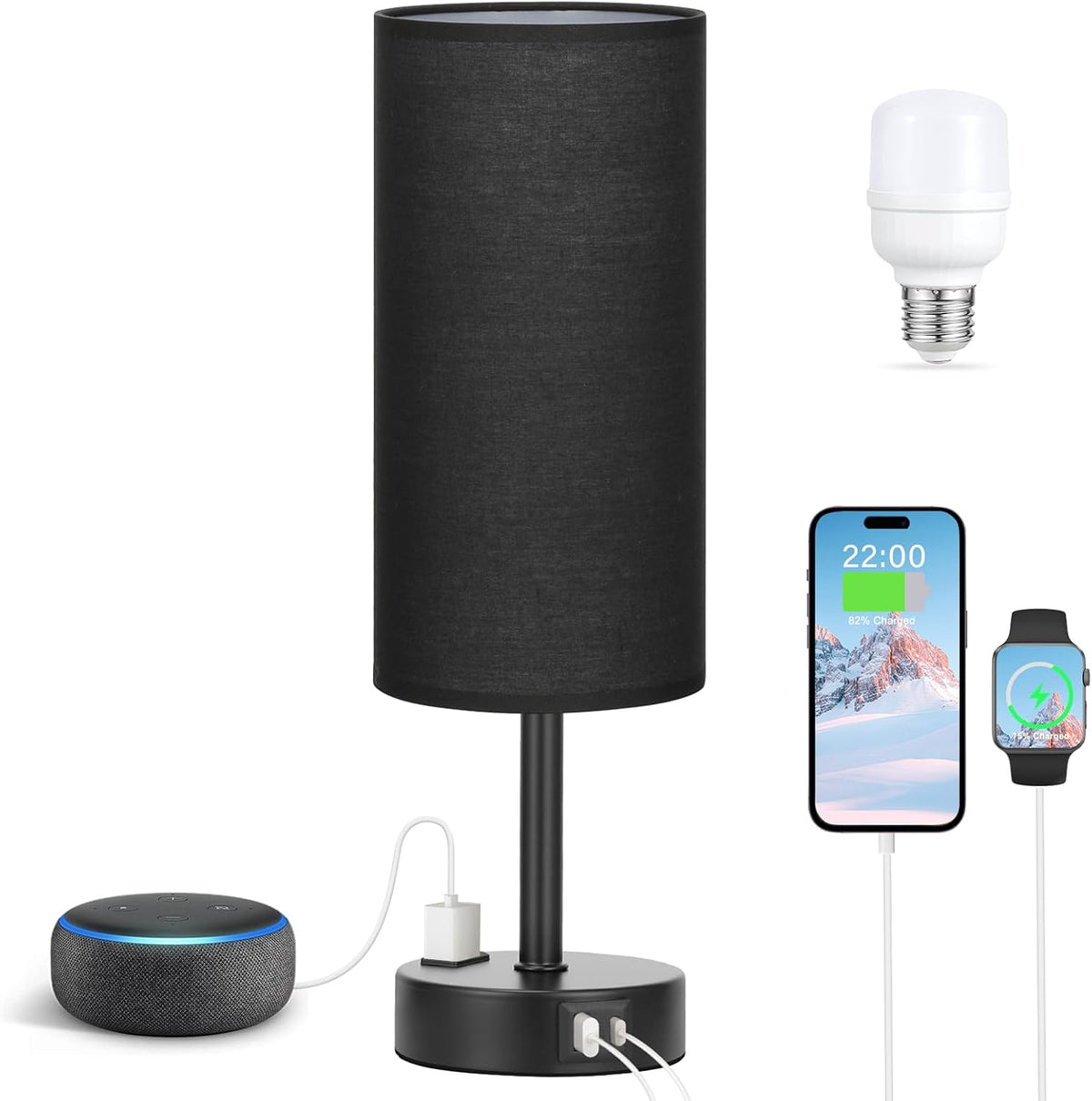 Fenmzee Bedside Table Lamp for Bedroom - Dimmable Touch, USB A+C, AC Outlet