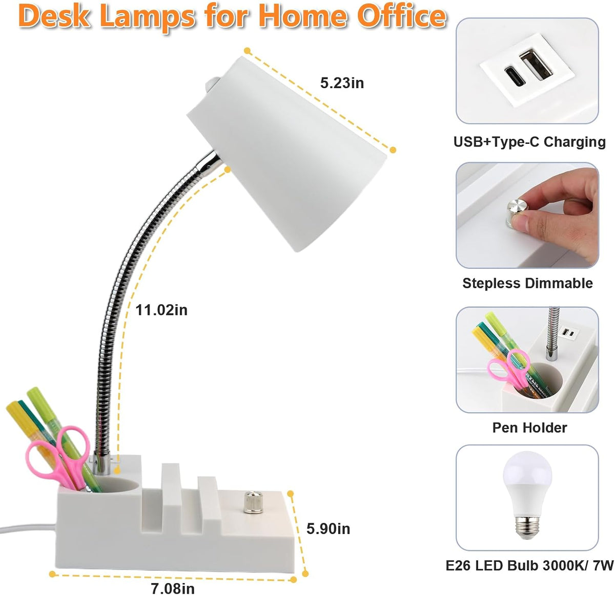 LALISU Study Desk Lamp with USB Charging and Type-C Night Light, Gooseneck LED Table Lamp Stepless Dimming Study Table Lamp with Pen Holder for College Dorm Bedroom and Office (Black)