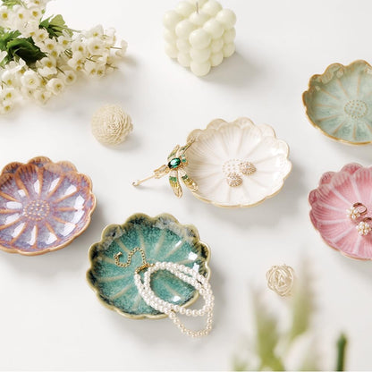 Ring Dish, Kiln Glaze Jewelry Trinket Tray, Gifts for Women I Lotus Leaf Necklace Earrings Holder on Nightstand Bathroom, Ceramic Cute Key Bowl, White. All Jewelries Are NOT Included.