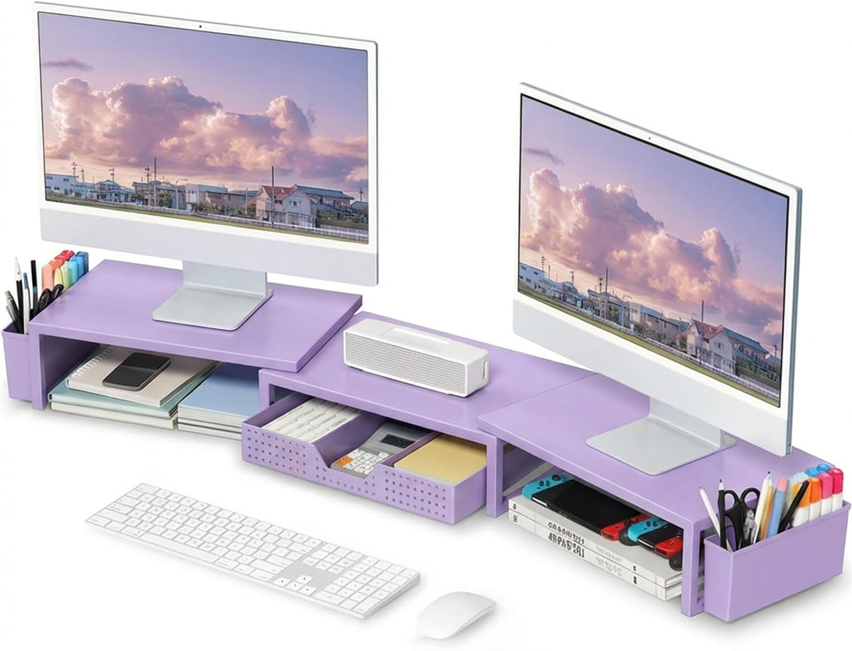 OPNICE Desk Organizers and Accessories, Dual Monitor Stand Riser with Drawer and 2 Pen Holders, Desk Shelf Metal Computer Racks for Office Workspace Organizers, Desktop Organization (Black Metal)