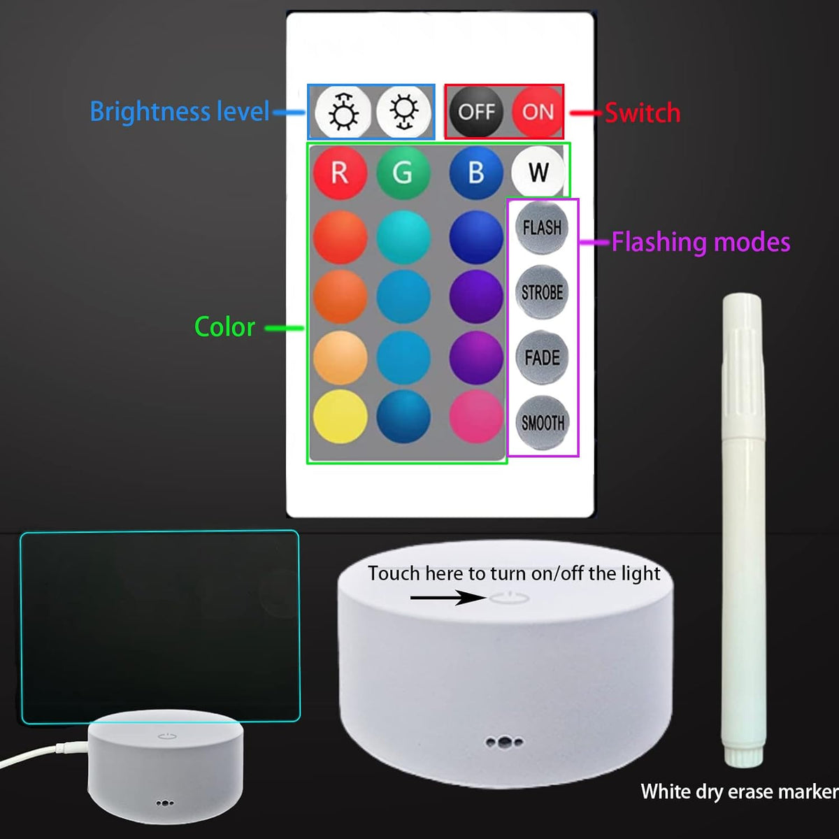 Acrylic Dry Erase Board 16 Colors Can Remote Control Light 7.3x5x0.2 Clear Desktop Note Memo Board, Includes Dry Erase Markers, Rewritable Night Light with Message Board, Soft Light Desk Lamp Gift