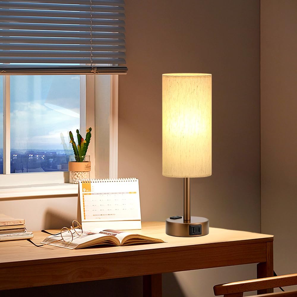 Fenmzee Bedside Table Lamp for Bedroom - Dimmable Touch, USB A+C, AC Outlet