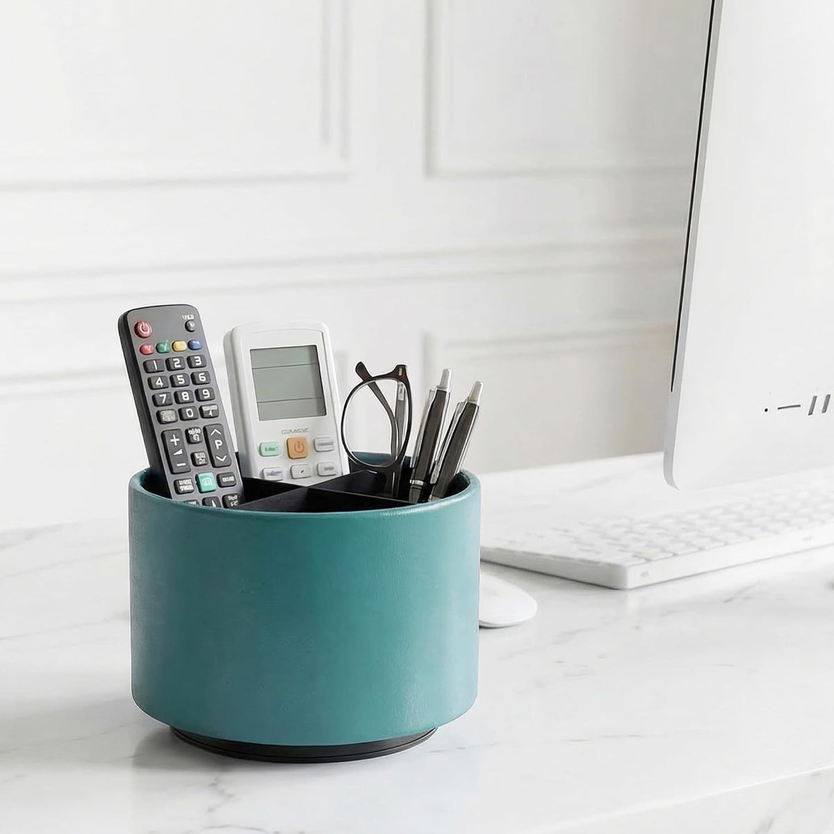 Round Leather Art Supply Organizer,Remote Control Holder,360 Degree Rotating,Multi-Functional Pencil Holder,4 Compartments Desktop Stationary Organizer(1-Blue Bird) - Colors A