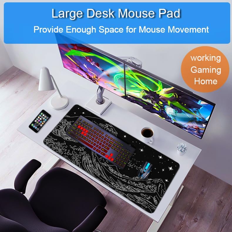 Large Gaming Mouse Pad, 31.5x15.7 inch Large Extended Computer Keyboard Mouse Mat, Water Resist Non-Slip Mousepad Rubber Base Long XXL Desk Mouse Pad for Work & Gaming, Office & Home, Black