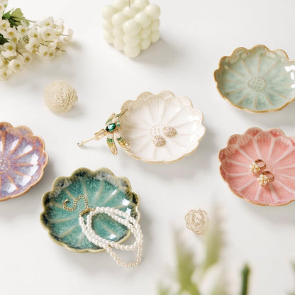 Ring Dish, Kiln Glaze Jewelry Trinket Tray, Gifts for Women I Lotus Leaf Necklace Earrings Holder on Nightstand Bathroom, Ceramic Cute Key Bowl, White. All Jewelries Are NOT Included.