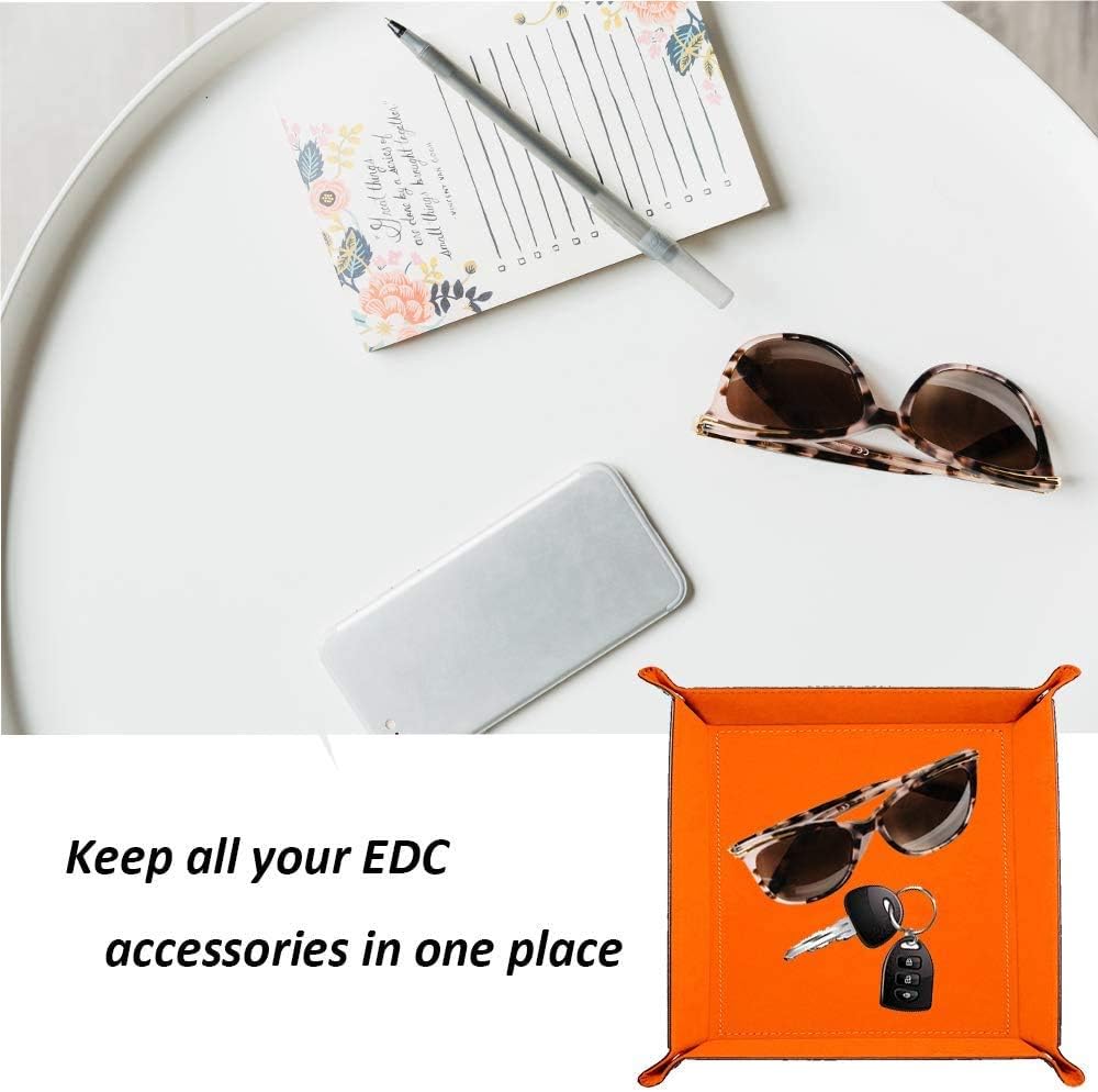 Valet Tray Desktop Storage Organizer – Vegan Leather Catchall Bedside Vanity Tray Nightstand Caddy Holder for Remote Controller, Watch, Keys, Phone, Wallet, Coin, Jewelry (Orange/Black)