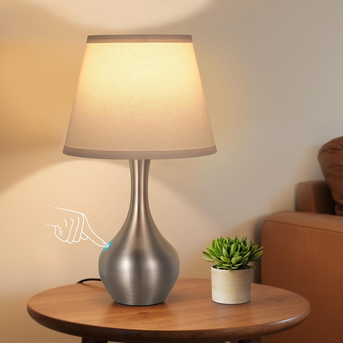 Seealle Touch Table Lamp for Bedroom, 3-Way Dimmable Small Bedside Lamps for Night Stands with Wires, Wood-Paint Desk Lamp for Kids Room, Office, Living Room, End Table(LED Bulb Included)