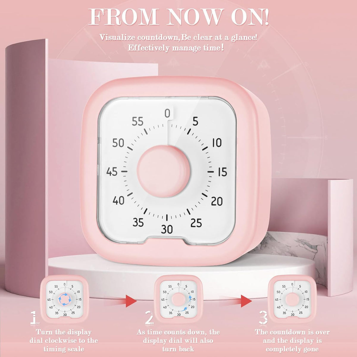 60 Minute Visual Timer,Time Timer Home,Silent Pomodoro Timer and Adults,Countdown Clock Management Tool for Classroom Home Office (Pink)