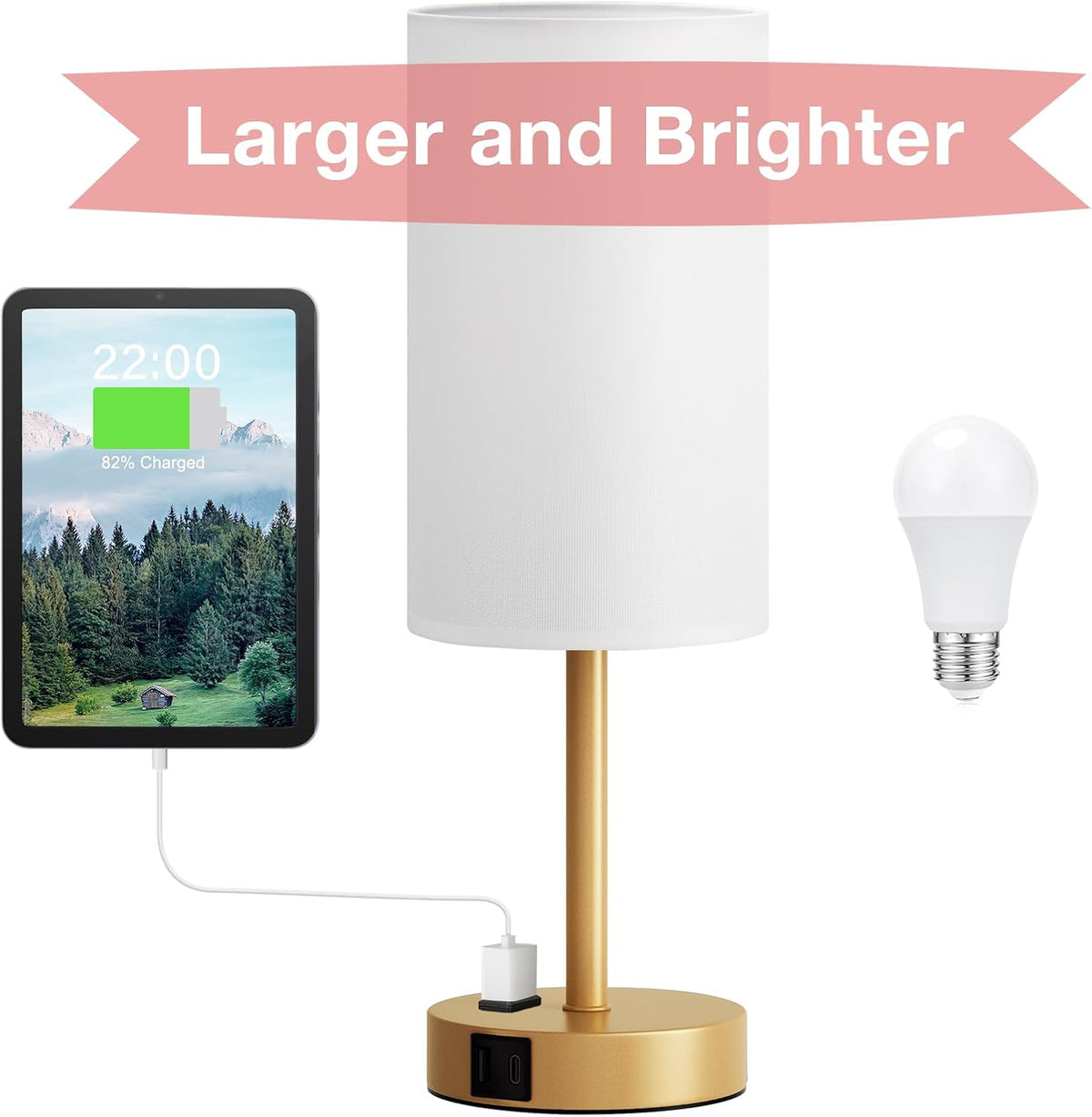Fenmzee Bedside Table Lamp for Bedroom - Dimmable Touch, USB A+C, AC Outlet