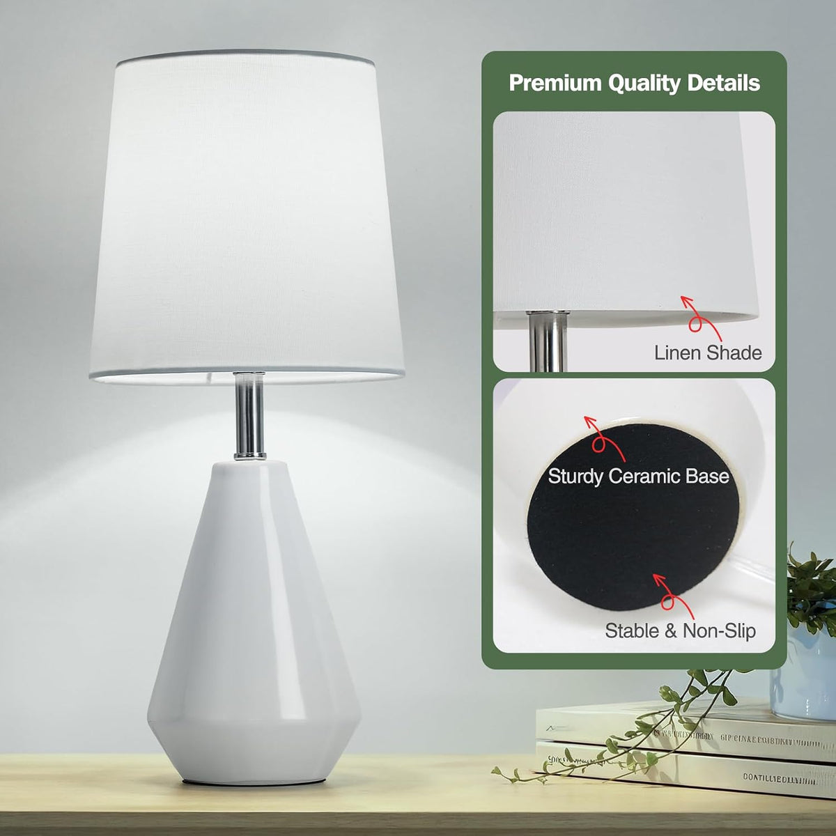 Small Bedside Table Lamp for Bedroom - Reading Desk Lamp with 3 Color Temperatures，15.5" Nightstand Ceramic Lamp with Fabric Shade for Kids Room,Living Room,Dorm,Home Office (Green)