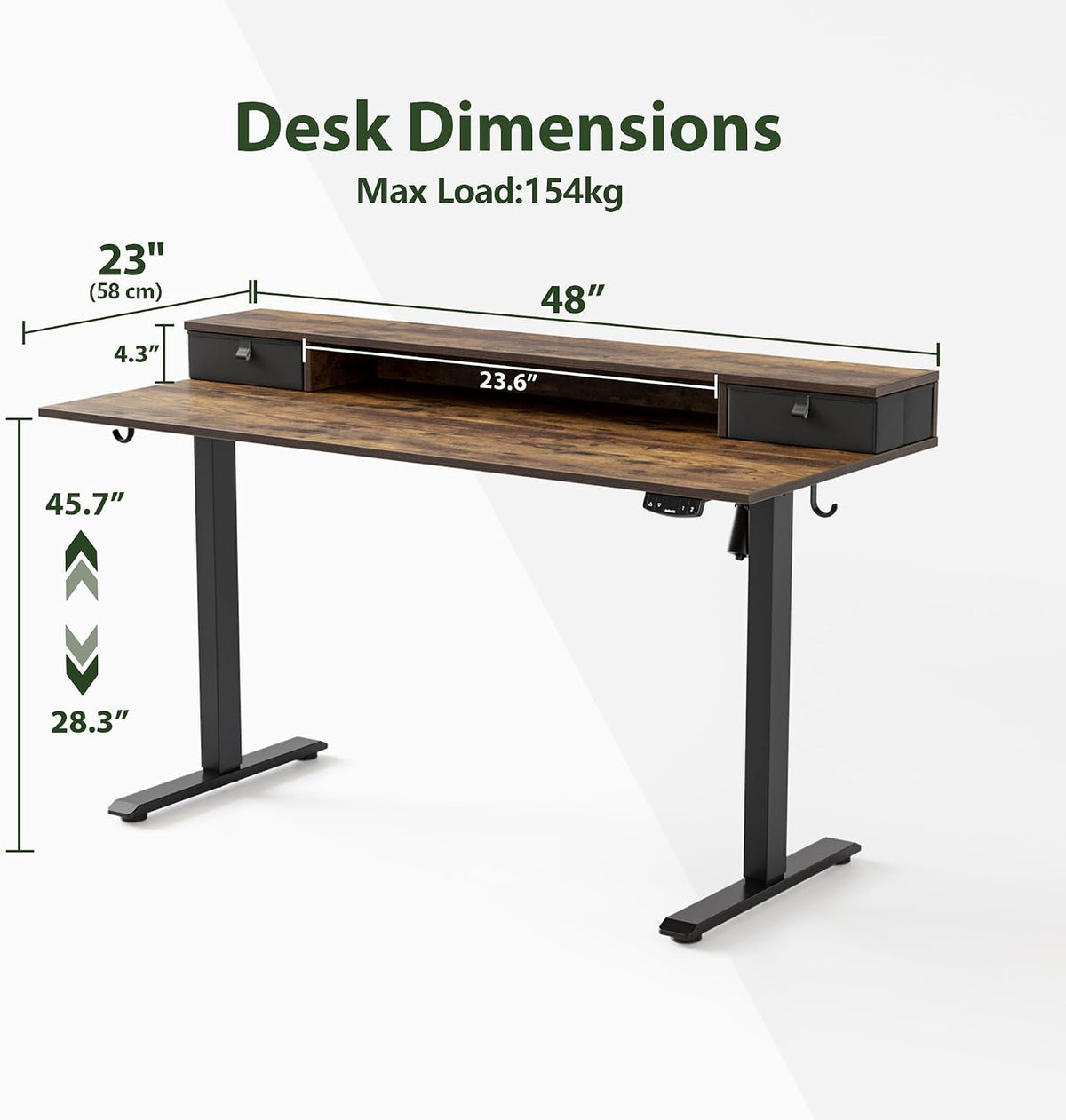 48 * 24 Inch Electric Standing Desk with Shelf & Led, Dark Walnut